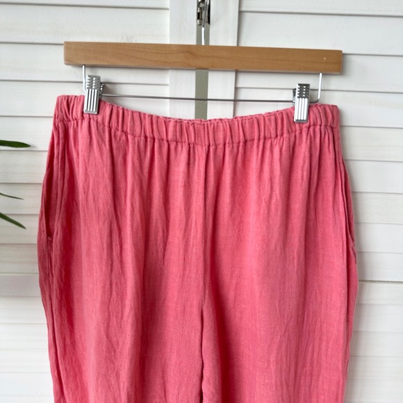 FLAX Linen Pants Pink Elastic Waist Wide Leg Crop Pants Floods Canada Size M - Picture 2 of 8